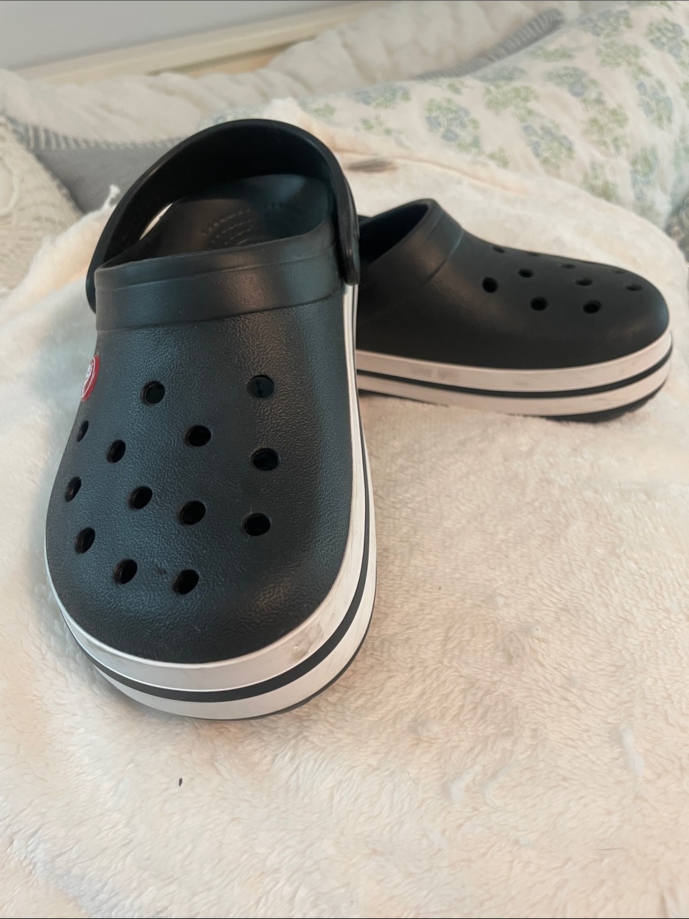 CROCS Black Clog Sandals with White Stripe